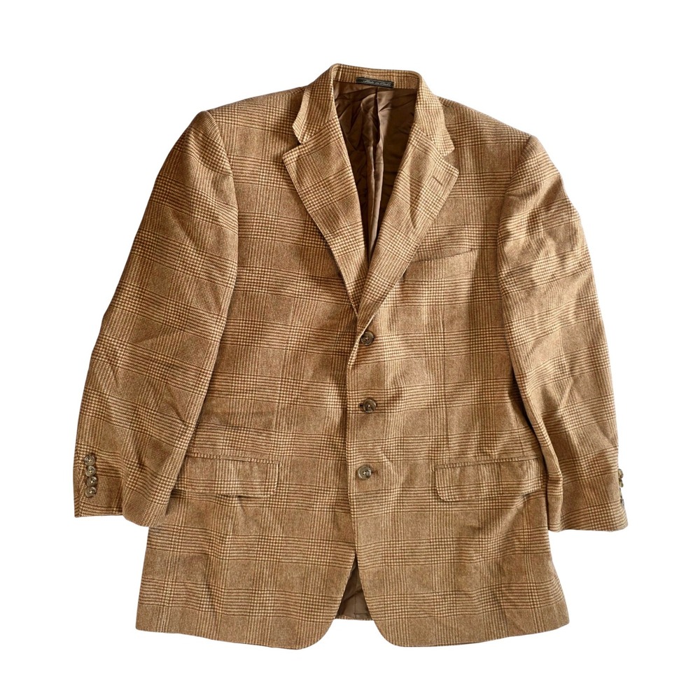 Corneliani Mns Wool Angora Italian Glen Plaid Blazer Tan Brwn Italy IT 54 US 44R